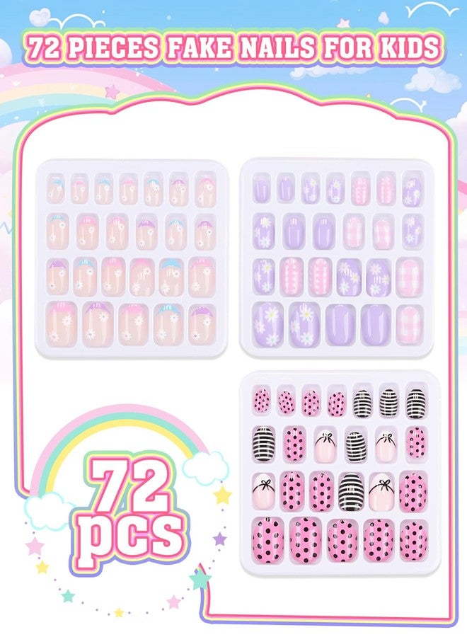 EBANKU 72 Pieces Press on Nails for Kids, EBANKU 3 Pack Kid Fake Nail Kit Purple Flower Black Streak Press on Nails for Girls 7-12 Years with Jelly Nail Adhesives - Image 5